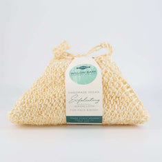 Exfoliating washcloth with a label on a white background